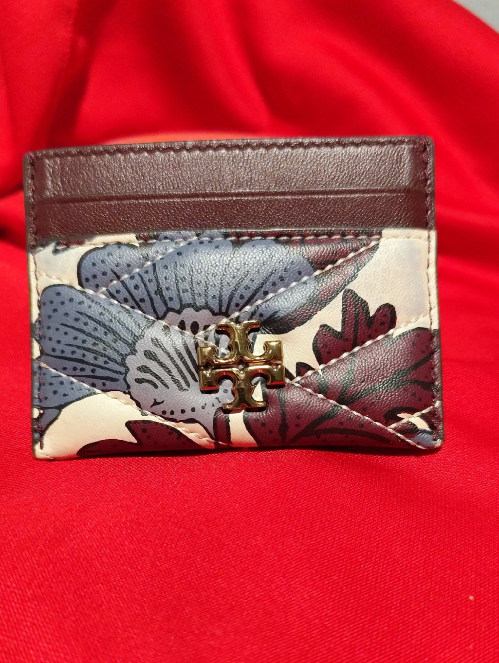 Tory Burch Floral Quilted Card Case in Burgundy and Blue